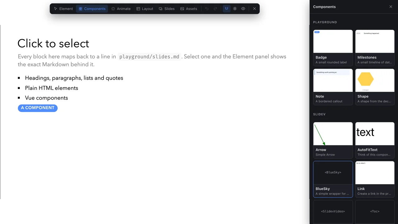 Components: Markdown-basisen pluss alle komponenter decket kan bruke, hver med en levende forhåndsvisning av seg selv.